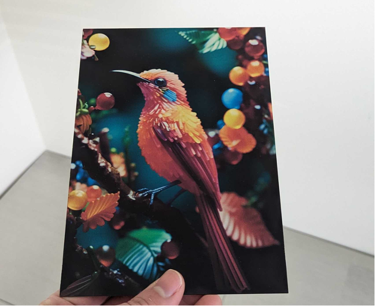 A 5x7 metal print of a bird.